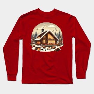 a warm and inviting cabin surrounded by a snowy landscape. and there's elements like a crackling fireplace, decorated Christmas tree, and a family or group of friends enjoying the holiday season inside. Long Sleeve T-Shirt